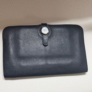 Hermes Black Leather Wallet with Silver Button